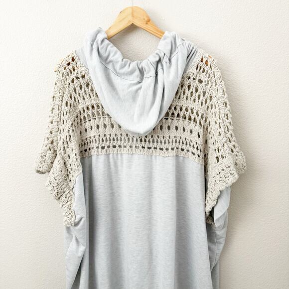 DAVI & DANI | Blue Gray Crochet Cream Slouchy Hoodie Oversized V-Neck | Large - Picture 8 of 10